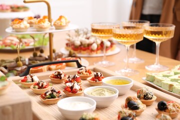 Buffet menu. Many different appetizers on table, closeup