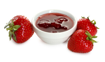 Tasty strawberry jam in bowl and fresh berries isolated on white