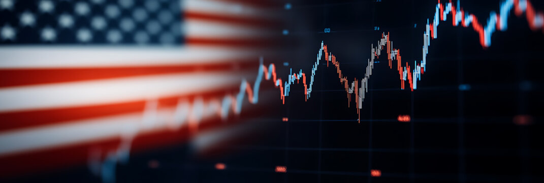 Financial graph overlayed on the American flag, representing economic trends and market analysis in the context of national economics and financial growth.