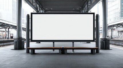 Stunning photo of blank digital billboard mockup in train station platform. Modern design. Empty space for advertisement. Suitable for marketing presentations retail ads.