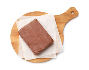 Block of tasty chocolate butter isolated on white, top view