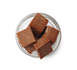 Tasty chocolate butter cubes in bowl isolated on white, top view