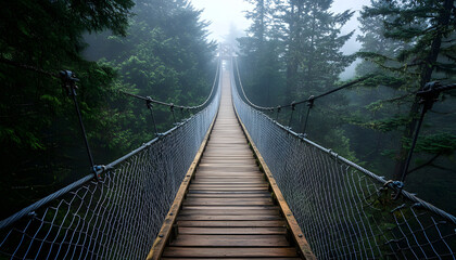 Wooden suspension bridge. Misty atmosphere, way through clouds, path between mountain rocks. Travel destination