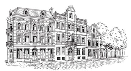 Detailed hand-drawn sketch of classic European buildings in monochrome vector style, architectural line art for design and travel use