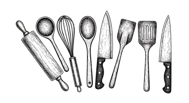 Vintage kitchen utensils sketch in monochrome vector style, hand-drawn culinary line art for recipe cards, cooking blogs, and decor