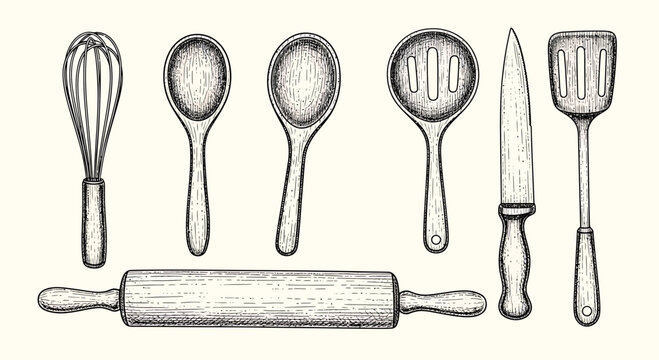 Vintage kitchen utensils sketch in monochrome vector style, hand-drawn culinary line art for recipe cards, cooking blogs, and decor