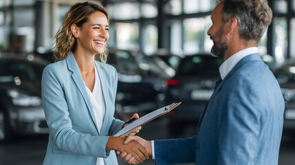 Smiling businesswoman shaking hands with businessman in modern car showroom after successful deal.
