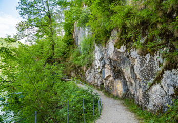 Idyllic landscape in the Alps with fresh green meadows and mountain peaks.
