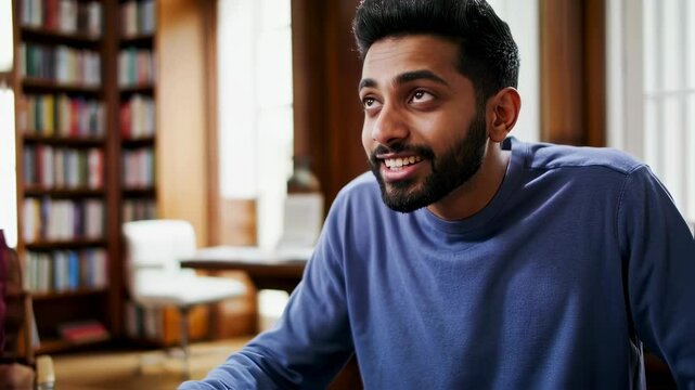 Excited discussion in cozy library setting with intent focus and expressive gestures