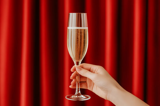 Celebration with champagne: Hand holding a flute against a vibrant red curtain backdrop, perfect for upscale events and festive occasions.