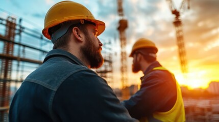 Silhouetted construction workers wearing hard hats against a vibrant sunset sky, symbolizing teamwork, dedication, and the hard work involved in building our future.