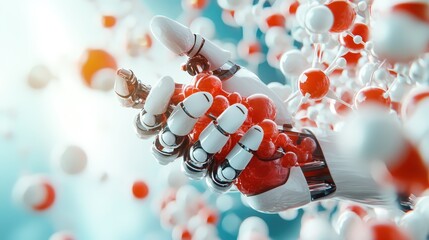 A robotic hand delicately grasps vibrant red and white molecular structures, symbolizing the intersection of technology and science in a visually striking composition.