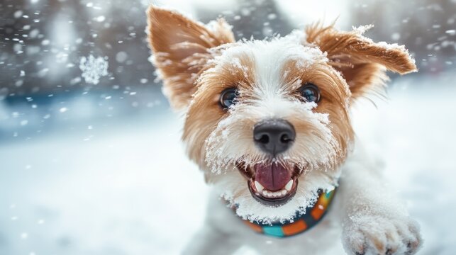 A delightful scene of a joyful dog frolicking in freshly fallen snow, capturing the exuberance of pets and the enchanting beauty of winter landscapes.