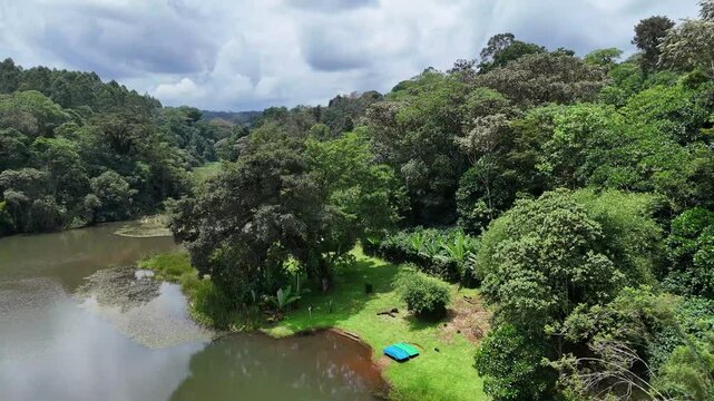 Aerial flight over Lower Saosa Dam near Mau Forest, Kericho, Kenya