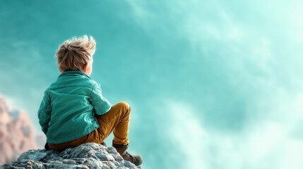 Fototapeta premium A young child sits on a rocky edge, gazing into a vast and tranquil landscape, symbolizing curiosity, innocence, and the limitless possibilities that nature provides.
