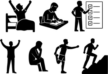 Success Achievement Goal Silhouettes, 7 Black and White Icons of Achievement and Personal Growth on White Background