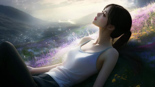 草原で横になる女性