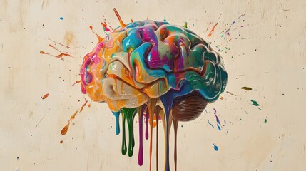 Brain Model with Dripping Multicolored Paint