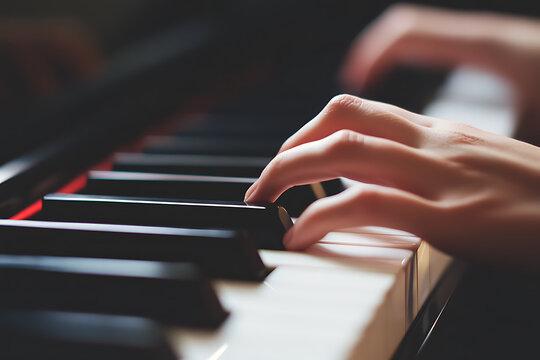 Piano performance close-up: Focus on fingers pressing keys for a harmonious melody. Keys, black, white, and red, create a classic contrast.