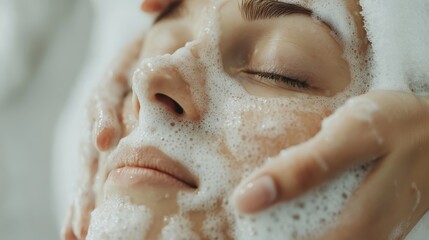 Naklejka premium A serene facial cleansing session featuring a woman enveloped in soft foam, highlighting relaxation and self-care in a calming spa environment.