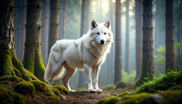 Majestic White Wolf in Forest with Nature Wildlife.
