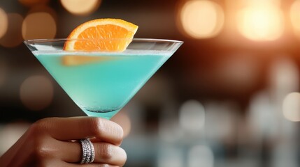 A beautifully crafted blue cocktail garnished with a slice of orange, radiating a refreshing allure perfect for summer parties and vibrant nightlife.