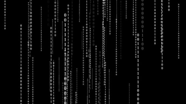 Digital code background with binary code falling looped for technology,Binary code looped background, featuring a seamless animation of binary numbers flowing across the screen. Perfect for projects.