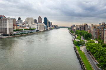 View of the East river from tramway to Roosevelt Island, Manhattan in New York