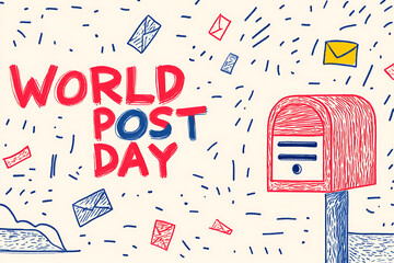 A colorful illustration celebrating World Post Day with whimsical envelopes, dashed lines, and vibrant red and blue hues, evoking a sense of global connection.