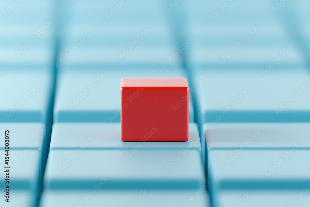 Poster red cube amidst a sea of blue cubes, symbolizing uniqueness and standing out in a crowd. a simple ye