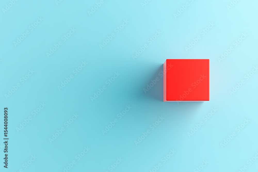 Fototapete A minimalist image of a red cube set against a vibrant blue background creates a sense of simplicity and contrast. Space for text or graphic elements.