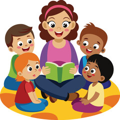 Obraz premium Female Teacher Reading Story Book to Diverse Children Inclusive Classroom Vector Illustration. Female Teacher Reading Story Book to Diverse Children.female teacher reading book.