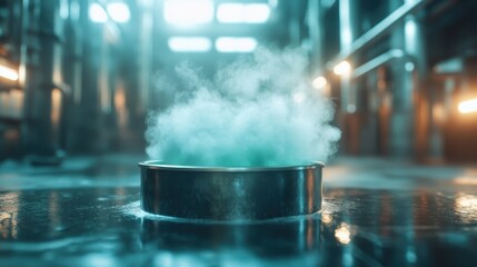 A misty plume of steam rises from a metal dish in an industrial setting, creating an atmosphere of intrigue and highlighting the interaction between technology and nature.