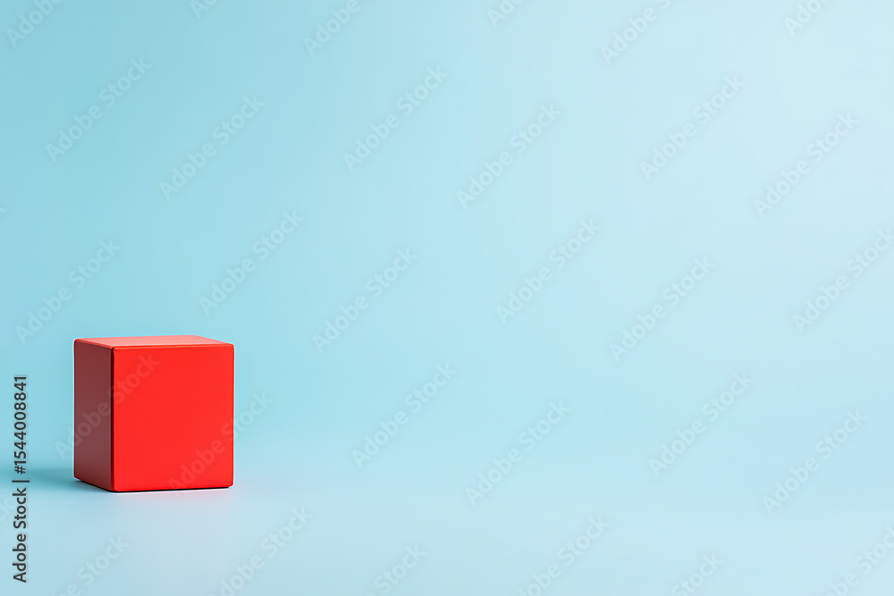 Poster minimalist image of a vibrant red cube against a calming light blue backdrop, creating a striking vi