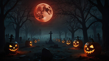 A sinister glowing jack-o'-lantern in a foggy graveyard, surrounded by skeletal hands reaching from the ground, under a blood-red moon.