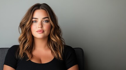 Naklejka premium A striking portrait of a woman with soft, natural makeup and flowing hair, radiating confidence and beauty, set against a minimalist background that enhances her features.