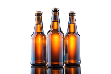 Three Amber Beer Bottles on Reflective Surface Crisp, Clean, and Refreshing