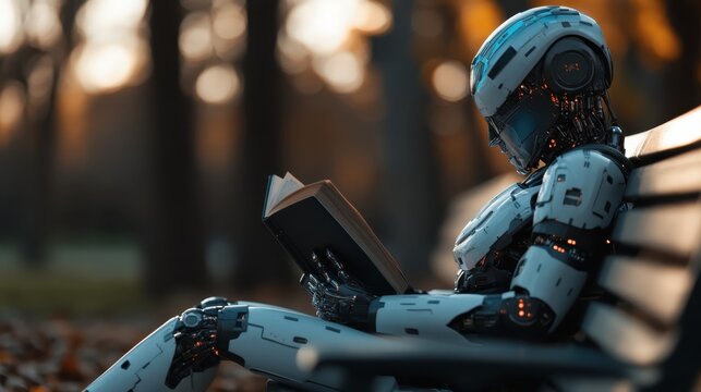 A highly advanced humanoid robot engaged in reading a book while sitting on a bench, symbolizing the intersection of technology and humanity in a serene outdoor environment.
