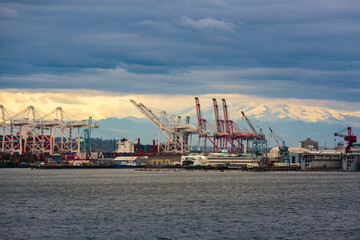 Seattle's industrial Harbor Island and Mt. Rainier, Seattle, Washington State, USA.