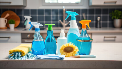 A collection of vibrant blue cleaning supplies and accessories rests neatly on the kitchen table., Side lit. isolated with white highlights