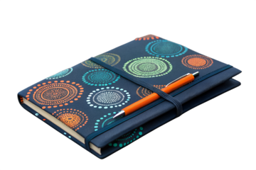 Elegant Navy Blue Notebook with Colorful Mandala Design and Pen
