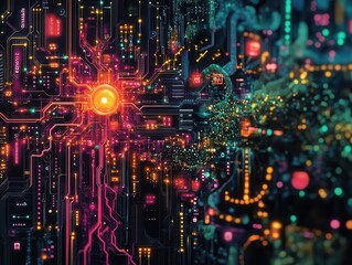 Obraz premium Closeup of AIpowered neural network, intricate circuitry, dark background, neon glow, highly detailed