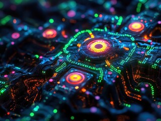 Fototapeta premium Closeup of AIpowered neural network, intricate circuitry, dark background, neon glow, highly detailed