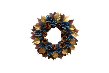 Elegant Autumnal Wreath  Gold and Blue Pine Cone and Leaf Design
