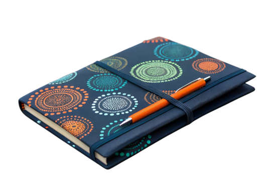 Elegant Navy Blue Notebook with Colorful Mandala Design and Pen