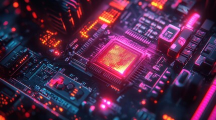 Obraz premium Closeup of cryptocurrency mining rig, intricate details, dark background, neon highlights, macro shot