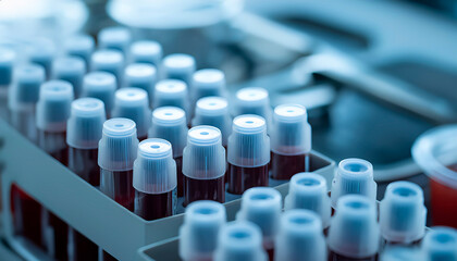 Row of medical test tubes with blood samples in a laboratory