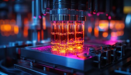 Conceptual quantum computing processor, intricate details, glowing holographic display, hightech lab