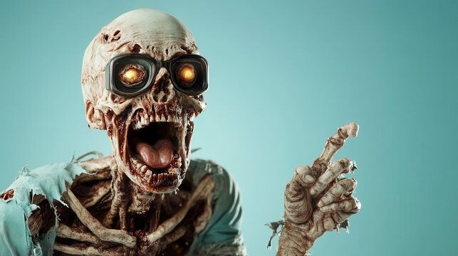 An eerie zombie with a skeletal face and glowing eyes wears sunglasses, projecting a haunting yet intriguing presence that embodies horror and creativity in a surreal style.