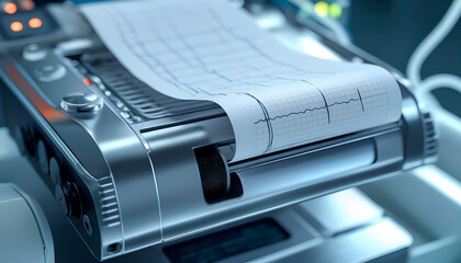 A close-up of a modern medical device, an electrocardiograph (ECG), with a paper strip coming out of it, printed with a graph of fluctuations similar to a recording of a heartbeat or other vital signs